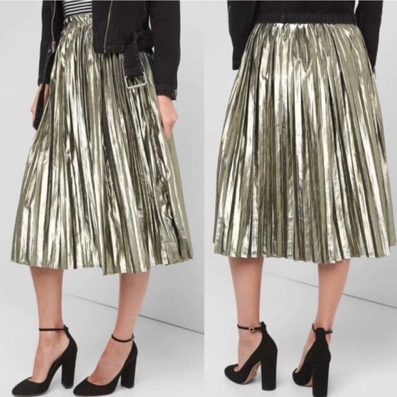 GAP Gold Metallic Pleated A-Line Midi Skirt Small - Picture 1 of 5